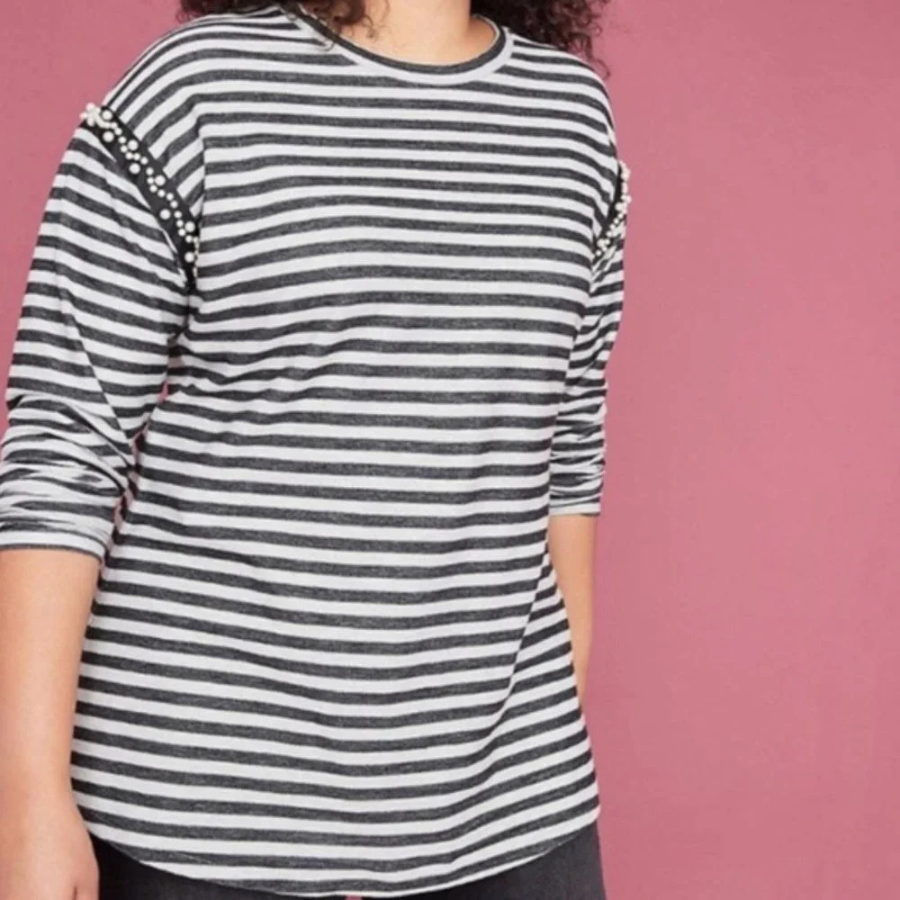 Lane Bryant Striped Sweater Pearl Detail Sleeve Long Sleeve in Size 18/20